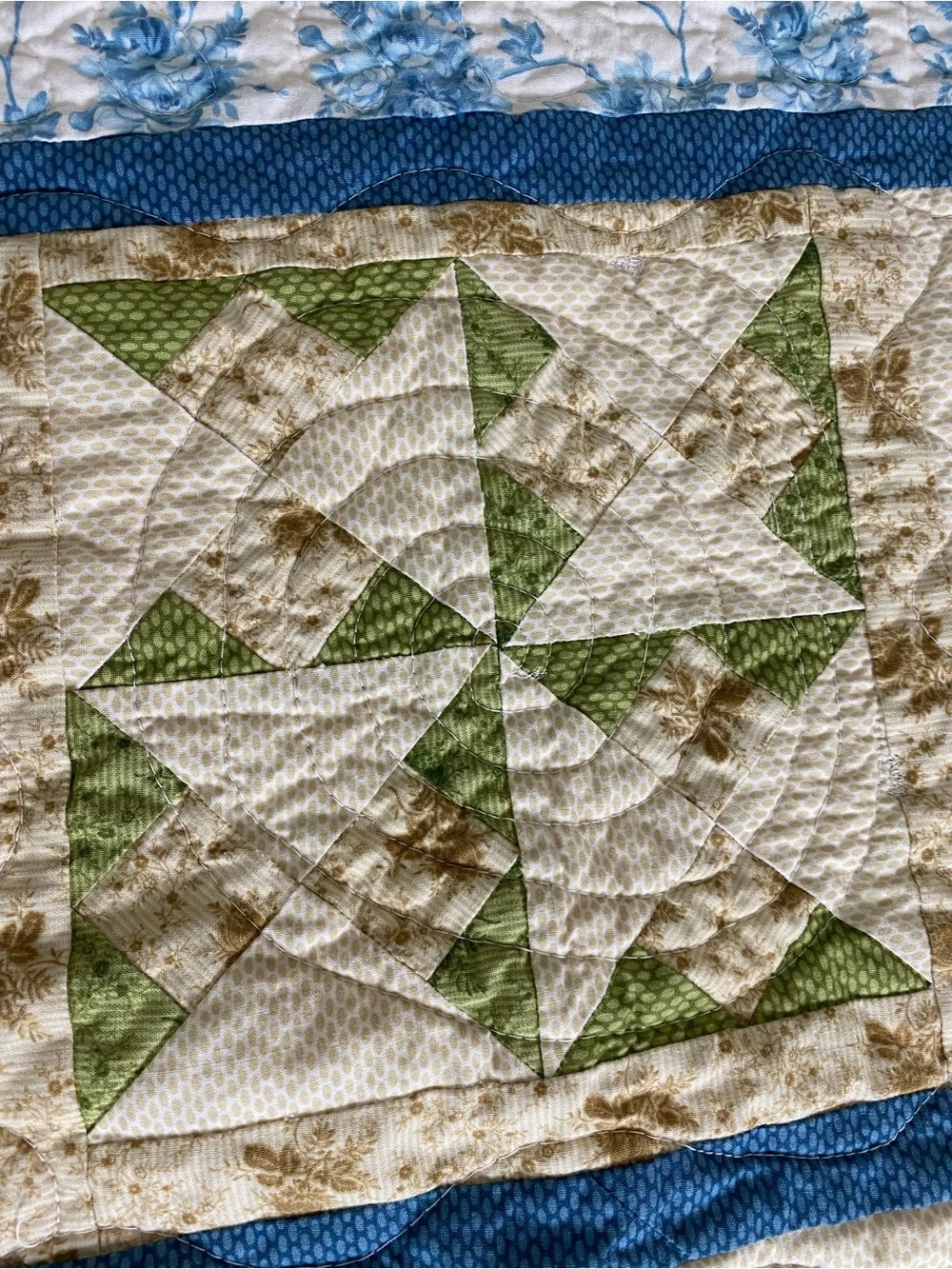 Handmade Patchwork Quilt Bedspread in Cream, Red, Blue & Green by